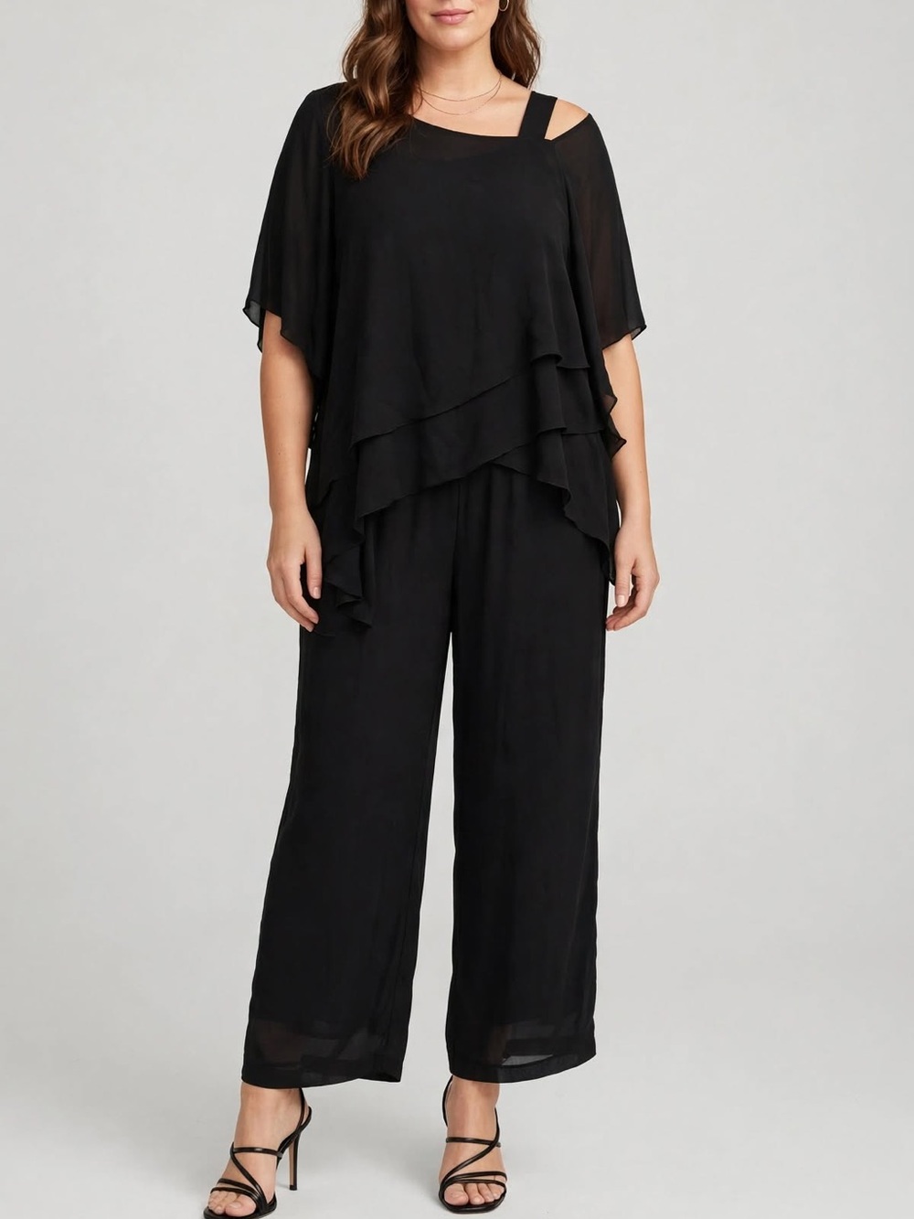 Black Chiffon 2-Piece Set L Asymmetrical Cold Shoulder Top Wide Leg Pants